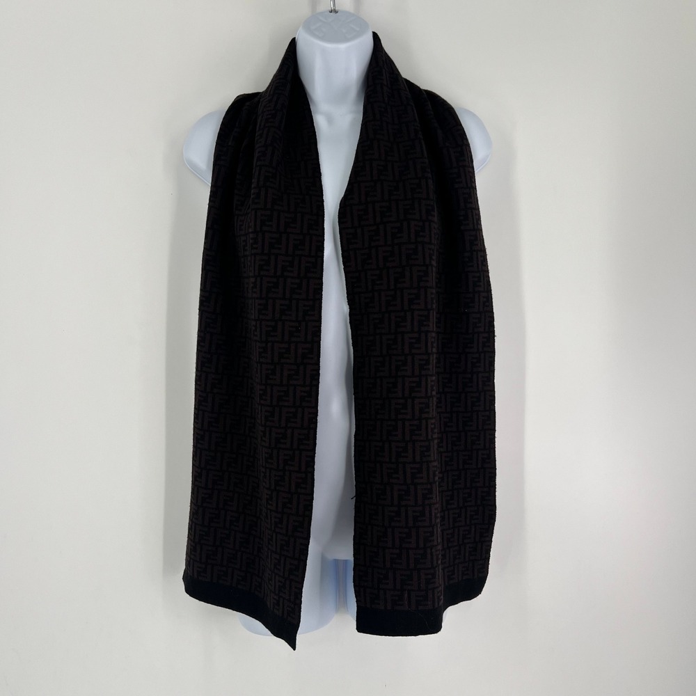 Fendi Zucca Monogram Scarf Brown Black 100% Wool Made in Italy‎ FF Logo - Picture 12 of 13